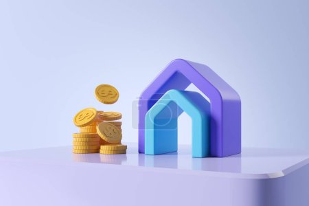Téléchargez les photos : Colorful abstract house sign on podium with stack of dollar coins, blue background. Concept of mortgage and sale. 3D rendering - en image libre de droit