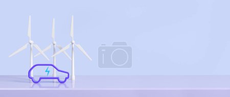Téléchargez les photos : Wind power station with abstract electric car on purple podium, copy space empty blue background. Concept of alternative fuel and renewable sources. 3D rendering - en image libre de droit