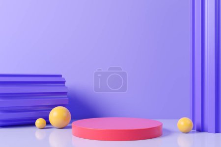 Téléchargez les photos : Pink cylinder podium and yellow spheres with columns, purple wall background. Mockup for product display and presentation. 3D rendering - en image libre de droit