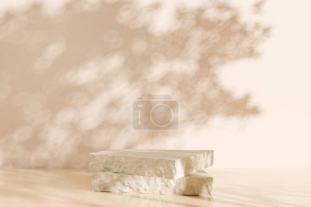 Téléchargez les photos : Two rock plates on empty beige background with tree branch shadow, stone pedestal for presentation. Mockup for product display. 3D rendering - en image libre de droit