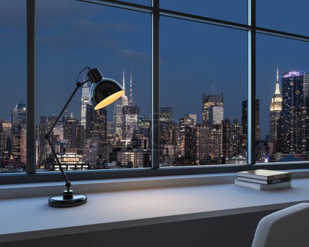 Foto de Home office interior with lamp on work desk with books, panoramic window on New York skyscrapers at night. Mockup product display. 3D rendering - Imagen libre de derechos