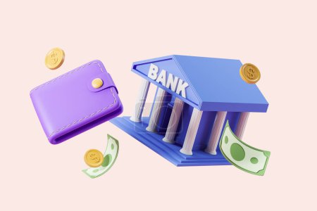 Foto de Cartoon wallet and bank with floating dollar banknotes and coins, pink background. Concept of deposit and finance. 3D rendering - Imagen libre de derechos
