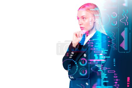 Téléchargez les photos : Thoughtful businesswoman with hand to chin, double exposure with financial forex dashboard. Colorful graphs and indicators with candlestick. Concept of investment. Copy space - en image libre de droit
