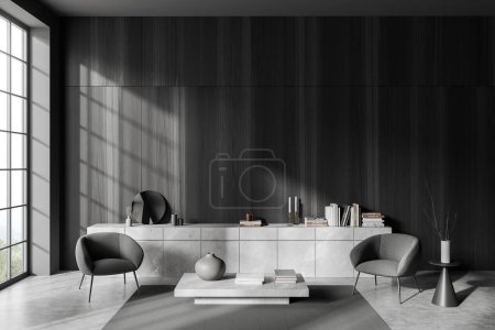 Photo for Front view on dark living room interior with armchairs, wooden wall, coffee table, concrete floor, panoramic window, sideboard. Concept of minimalist design. Place for meeting. 3d rendering - Royalty Free Image