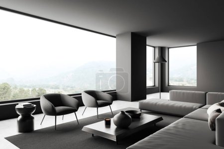Téléchargez les photos : Corner view on dark living room interior with panoramic windows with countryside view. Grey wall, concrete floor. Concept of spacious place in quiet place made for creative idea. 3d rendering - en image libre de droit