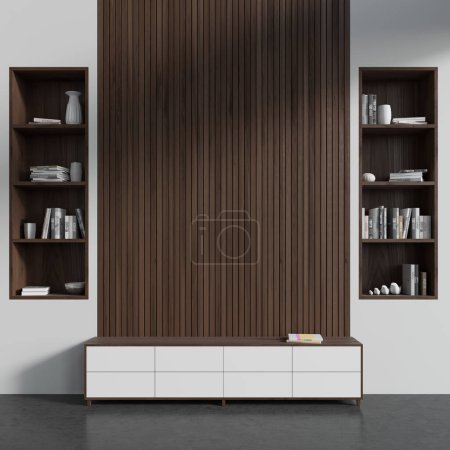 Photo for White living room interior with sideboard on grey concrete floor, shelf with books and art decoration. Copy space wooden wall. 3D rendering - Royalty Free Image