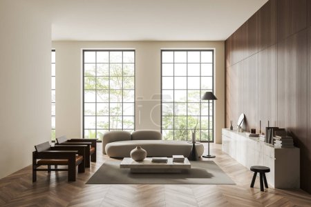 Photo for Beige living room interior with sofa, armchairs and coffee table on carpet, hardwood floor. Sideboard with decoration and panoramic window on tropics. 3D rendering - Royalty Free Image