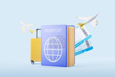 Foto de International passport with two boarding pass tickets, suitcase and flying airplanes on blue background. Concept of travel and trip. 3D rendering - Imagen libre de derechos