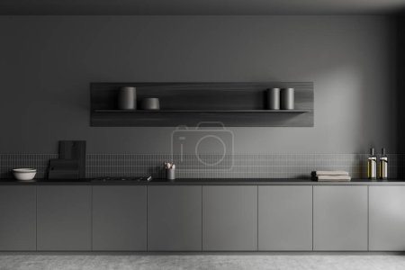 Téléchargez les photos : Dark kitchen interior with cabinet, stove and new kitchenware with shelf, plate and cutting board. Dark cooking area on grey concrete floor. 3D rendering - en image libre de droit