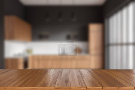 Foto de Wooden countertop on background of stylish kitchen interior, kitchenware and panoramic window. Mockup copy space for product display. 3D rendering - Imagen libre de derechos
