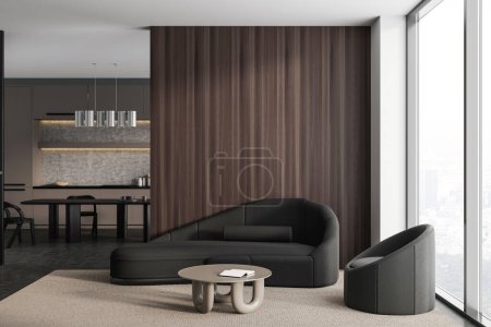 Téléchargez les photos : Front view on dark studio room interior with dining table, armchairs, sofa, cupboard, brown wall, panoramic window, carpet, coffee table. Concept of minimalist design. 3d rendering - en image libre de droit