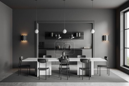 Foto de Dark kitchen interior with dining table and chairs on grey concrete floor. Cooking space with bar island and kitchenware on background. Panoramic window on countryside. 3D rendering - Imagen libre de derechos