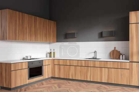 Photo for Stylish kitchen interior with kitchenware and shelves, side view hardwood floor. Cooking corner with minimalist appliances and oven mounted. 3D rendering - Royalty Free Image