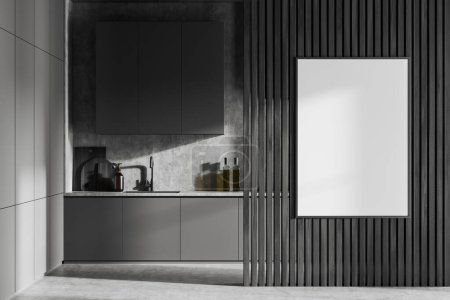 Photo for Dark kitchen interior with cooking space with sink and cabinet, grey concrete floor. Mockup canvas poster on wooden partition. 3D rendering - Royalty Free Image