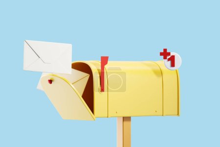 Photo pour Yellow mailbox with envelope flying inside, paper envelope with red notification on blue background. Concept of communication and new message. 3D rendering - image libre de droit