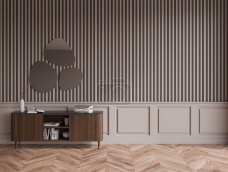 Téléchargez les photos : Modern living room interior with wooden sideboard, mirror and decoration with books, hardwood floor. Copy space empty stripped wall. 3D rendering - en image libre de droit