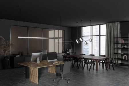 Téléchargez les photos : Dark business interior with coworking and meeting corner, side view shelf with decoration on grey concrete floor. Panoramic window on skyscrapers. 3D rendering - en image libre de droit