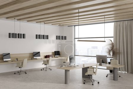 Foto de Stylish office interior with coworking and consulting corner, side view grey concrete floor. Business workplace with pc computers and panoramic window on Paris city view. 3D rendering - Imagen libre de derechos