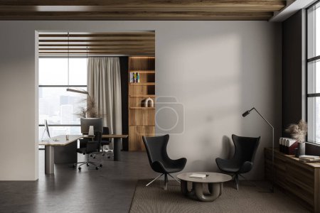Foto de Dark business interior with meeting corner and decoration, consulting zone on background with shelf and panoramic window on Paris skyscrapers. Mock up copy space. 3D rendering - Imagen libre de derechos