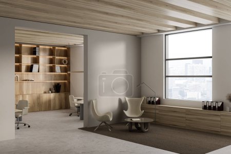 Téléchargez les photos : Modern business room interior with waiting corner, two armchairs and sideboard near panoramic window on Paris city view. Mockup empty beige wall. 3D rendering - en image libre de droit