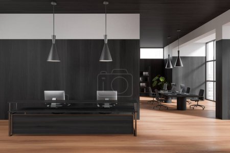 Photo for Front view on dark office room interior with reception, desktops, desk, armchair, panoramic window with city view, oak hardwood floor. Concept of company, firm, meeting space. 3d rendering - Royalty Free Image
