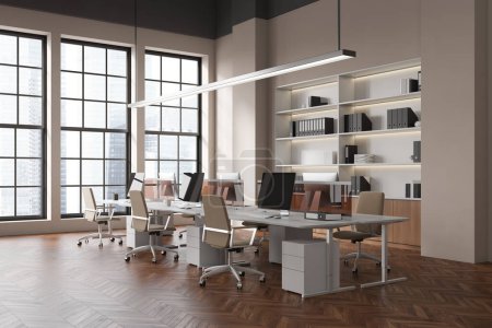 Corner view on bright office room interior with computers, desks, armchairs, shelves with folders, panoramic window, oak wooden hardwood floor. Concept of company, firm, meeting space. 3d rendering