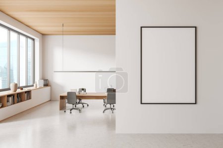 Téléchargez les photos : White conference interior with work table and armchairs. Office workspace with sideboard and panoramic window on skyscrapers. Mockup canvas poster. 3D rendering - en image libre de droit