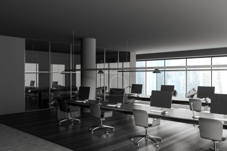 Photo for Dark coworking interior with armchairs and pc computer, side view black hardwood floor. Business loft with panoramic window on Singapore city view. 3D rendering - Royalty Free Image