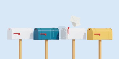 Téléchargez les photos : Row of colorful mailboxes and paper envelope flying, blue background. Concept of message and new correspondence. 3D rendering - en image libre de droit