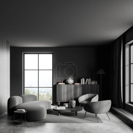 Téléchargez les photos : Dark living room interior sofa and two armchairs with coffee table, carpet on grey concrete floor. Drawer with decoration and panoramic window on countryside. 3D rendering - en image libre de droit