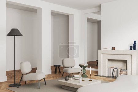 Foto de White living room interior with two armchairs and coffee table, side view. Stylish art decoration and fireplace, carpet on hardwood floor. 3D rendering - Imagen libre de derechos