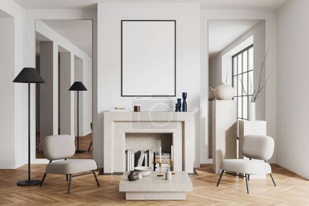 Téléchargez les photos : White living room interior with two armchairs, coffee table and fireplace with books and decoration on hardwood floor. Mock up blank poster. 3D rendering - en image libre de droit