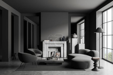 Téléchargez les photos : Dark living room interior with sofa and armchairs, coffee table with fireplace and mirror. Relaxing area and panoramic window on countryside. Mock up empty wall. 3D rendering - en image libre de droit