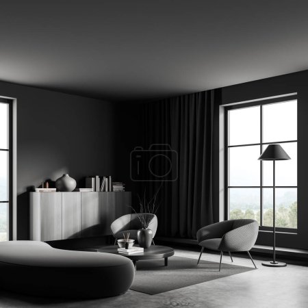 Photo for Dark living room interior sofa and armchair with coffee table on carpet, side view grey concrete floor. Drawer with decoration and panoramic window on countryside. 3D rendering - Royalty Free Image