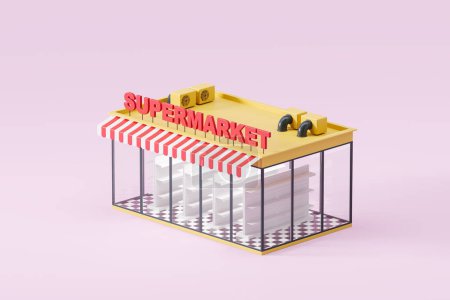 Foto de Cartoon supermarket with shelves and glass doors, side view on pink background. Concept of purchase and shopping. 3D rendering - Imagen libre de derechos