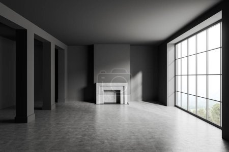Téléchargez les photos : Dark empty living room interior with fireplace and grey concrete floor. Big hall with columns and panoramic window on countryside. 3D rendering - en image libre de droit