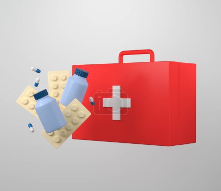 Closed red first aid kit, capsule and bottle floating on grey background. Concept of help, emergency and treatment. 3D rendering