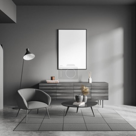 Photo for Dark living room interior in apartment, armchair and coffee table with lamp, drawer with art decoration, carpet on grey concrete floor. Mock up blank poster. 3D rendering - Royalty Free Image