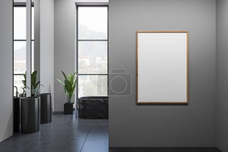 Photo for Front view on dark bathroom interior with empty white poster, bathtub, panoramic window with town view, mirror with reflection, sinks, houseplant, grey walls. Mock up. 3d rendering - Royalty Free Image