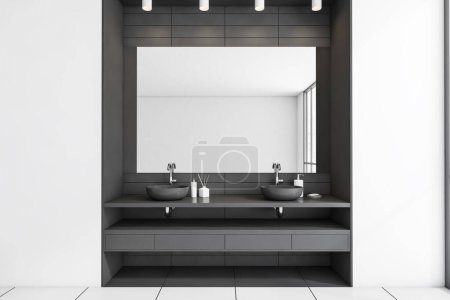 Photo for Stylish bathroom interior with double sink and mirror. Dark deck with bathing accessories, soap bottle and reed diffuser. 3D rendering - Royalty Free Image