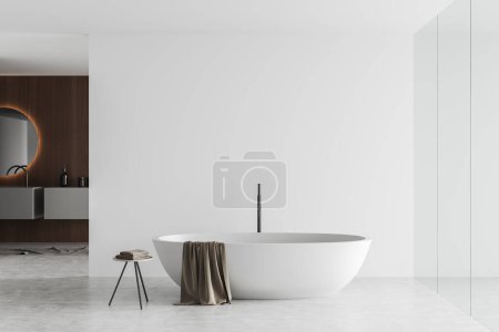 Photo for Front view on bright bathroom interior with empty white wall, bathtub, round mirror, liquid soap. 3d rendering - Royalty Free Image