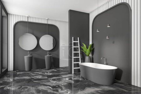 Téléchargez les photos : Dark bathroom interior with bathtub and double sink with mirror. Towel rail ladder and plant in the corner on dark tile marble floor. 3D rendering - en image libre de droit