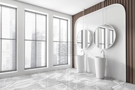 Téléchargez les photos : Stylish bathroom interior with double sink and round mirror, side view, white marble floor. Hotel studio with panoramic window on Singapore city view. 3D rendering - en image libre de droit