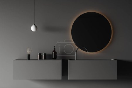 Photo for Close up view on dark bathroom interior with round mirror, grey walls, liquid soap, lamp, faucet. 3d rendering - Royalty Free Image
