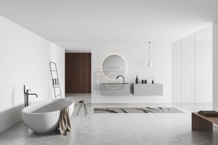 Front view on bright bathroom interior with round mirror, bathtub, glass partition, stool with towels, carpet, white walls, liquid soap. 3d rendering