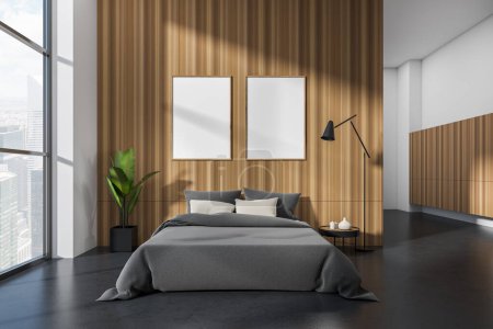 Photo for Front view on bright bedroom interior with two empty white poster, bed, coffee table, panoramic window, houseplant, concrete floor. Concept of minimalist design. Creative idea. Mock up. 3d rendering - Royalty Free Image