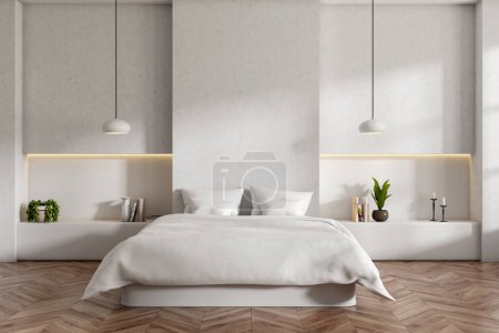 Téléchargez les photos : Stylish bedroom interior, bed with books and decoration on stand with backlight, front view, hardwood floor. Mockup copy space wall. 3D rendering - en image libre de droit