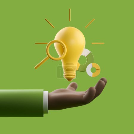 Téléchargez les photos : Black cartoon hand hold light bulb with magnifying glass, stock market pie chart on green background. Concept of finance and start up. 3D rendering - en image libre de droit
