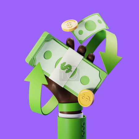 Photo for African cartoon hand hold banknotes, green arrow on purple background. Concept of online payment and cashback. 3D rendering - Royalty Free Image