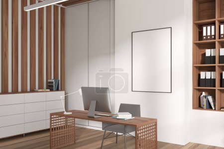 Foto de Office interior with pc computer on desk, armchair on hardwood floor. Shelf and sideboard with folders and decoration, side view. Mock up poster on white wall, 3D rendering - Imagen libre de derechos